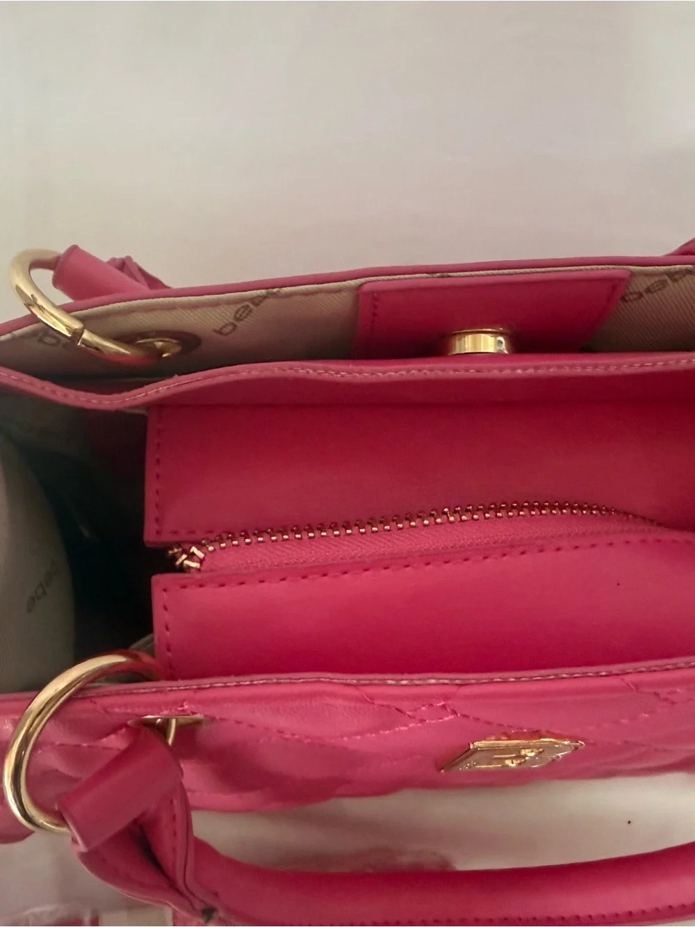 bebe Quilted Satchel in Hot Pink with Gold 'B' Hardware